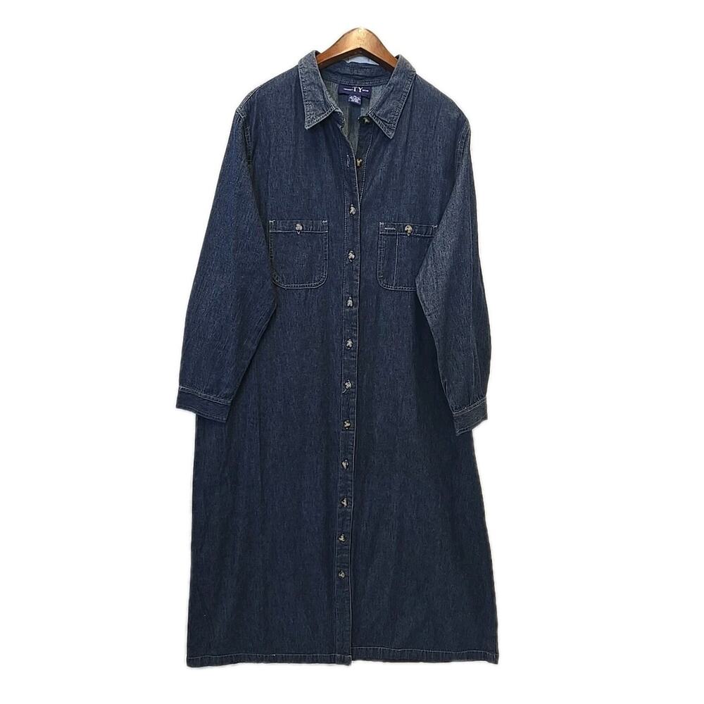 Vtg 90s Denim Maxi Shirt Dress 2X Longline Duster Jacket Long Sleeve Western 90s